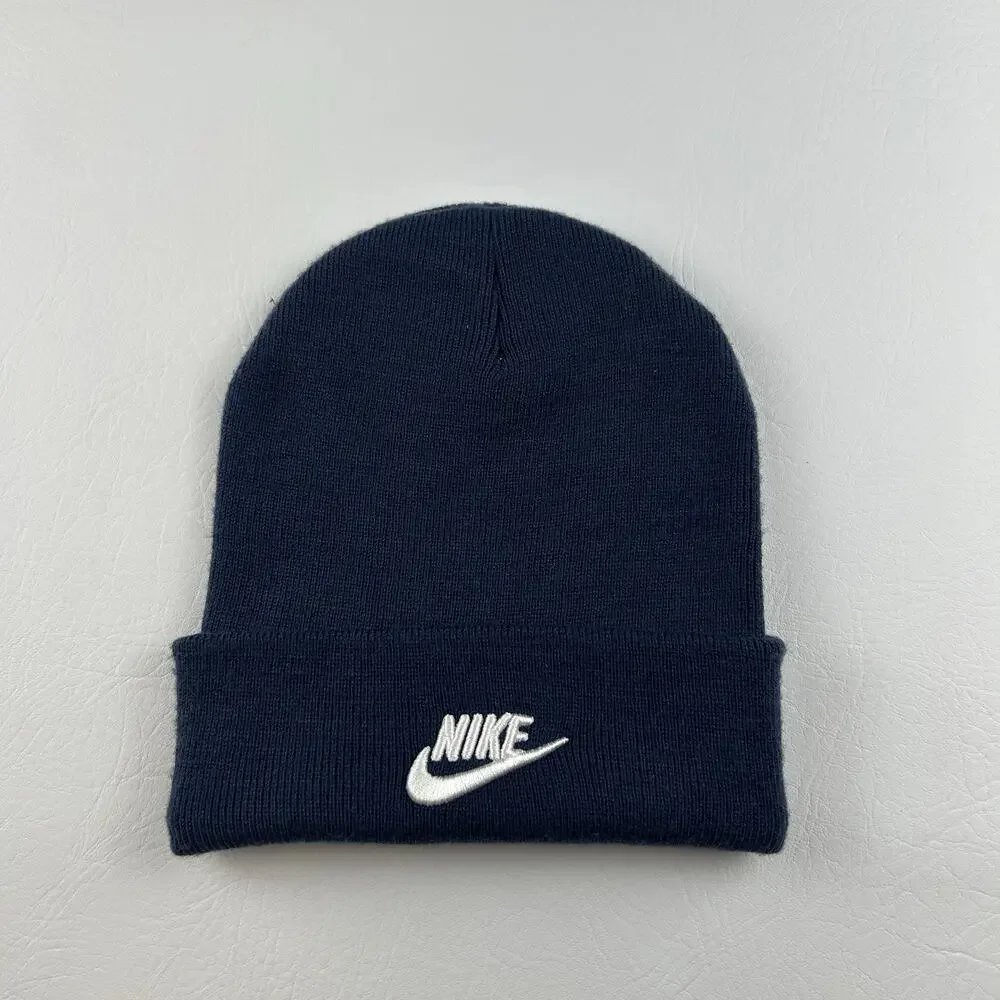 Nike Navy Cuffed Beanie Hat Embroidered Logo One Size Unisex Adult Knit